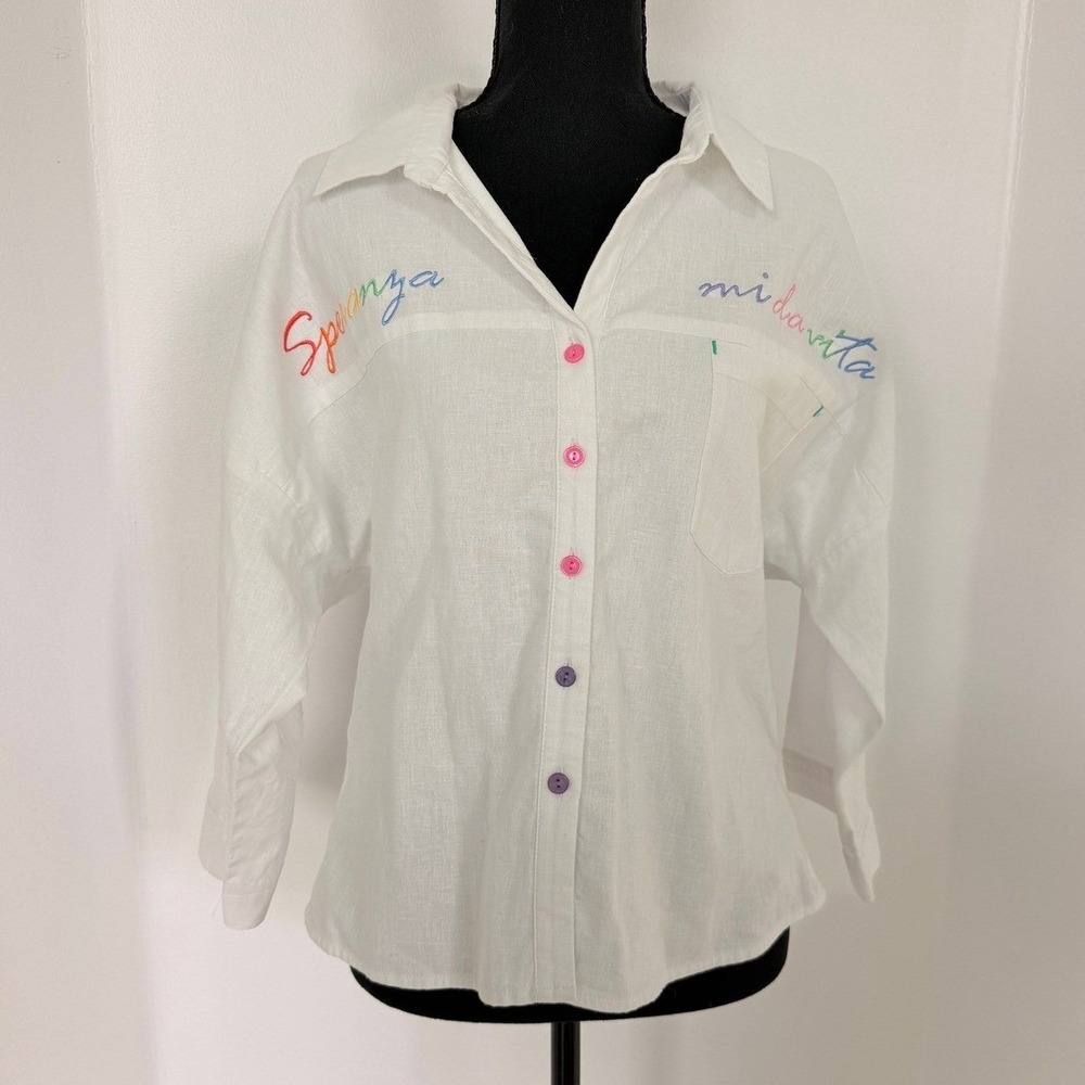 Sophie Cris Embroidered Linen Cotton Blouse White Natural Fibers Boho Coastal M